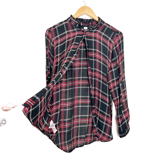 Loft Women's Black Red Plaid Ruffle Neck Long Sleeve Button Up Shirt Top - Picture 4 of 16